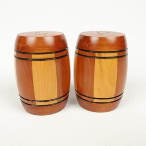 Vintage Wooden Barrel Shaped Salt Pepper Shakers Light Dark Wood Stripes